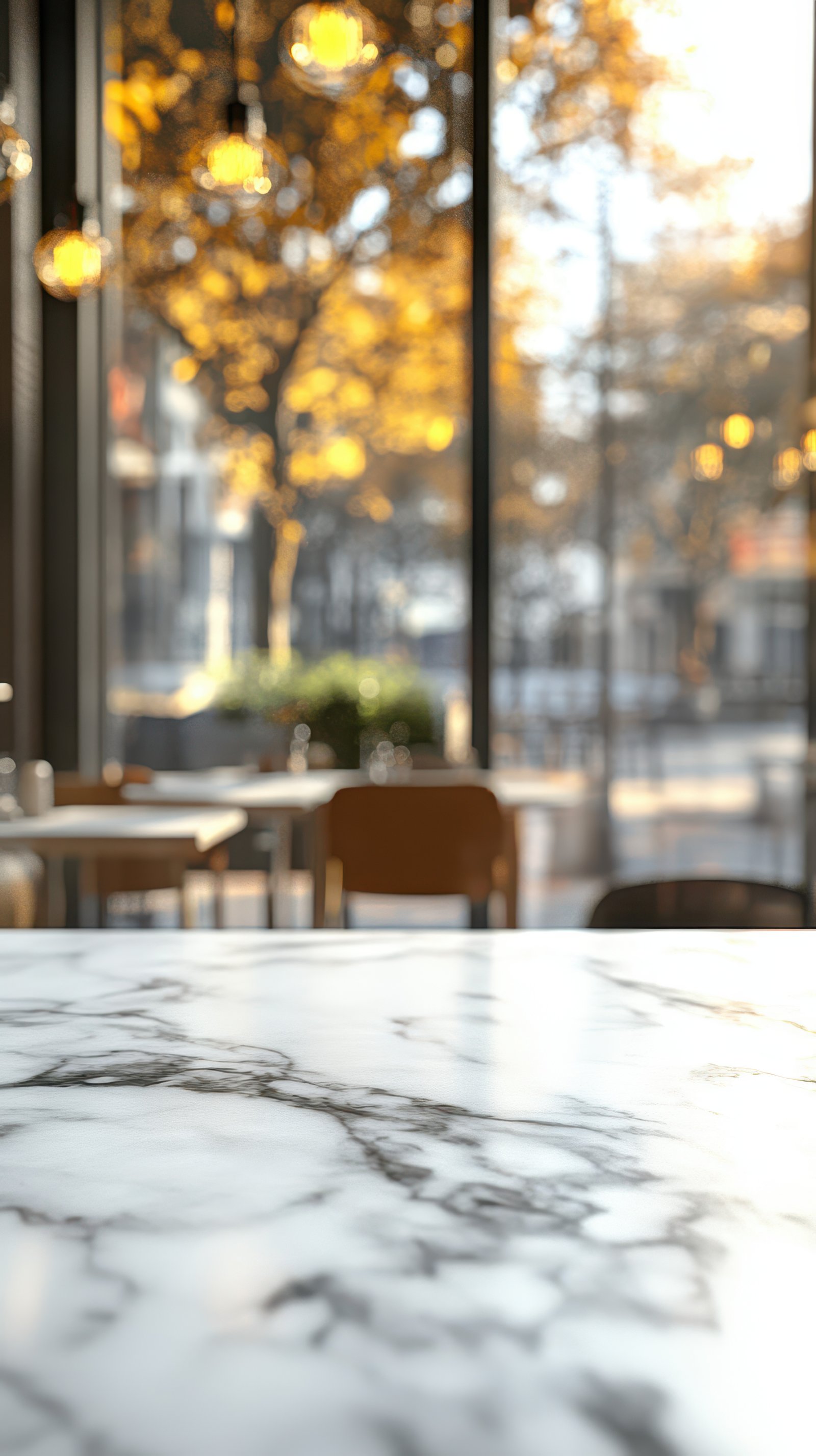 Marble table interior with autumn view and gentle sunlight in a cozy cafe setting